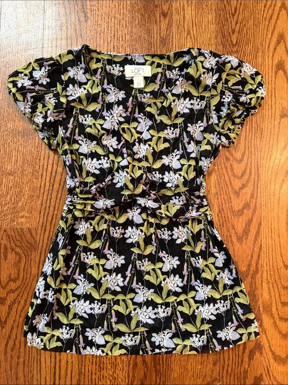 LOFT petite Black Floral Faux-Wrap mesh puff sleeve Top